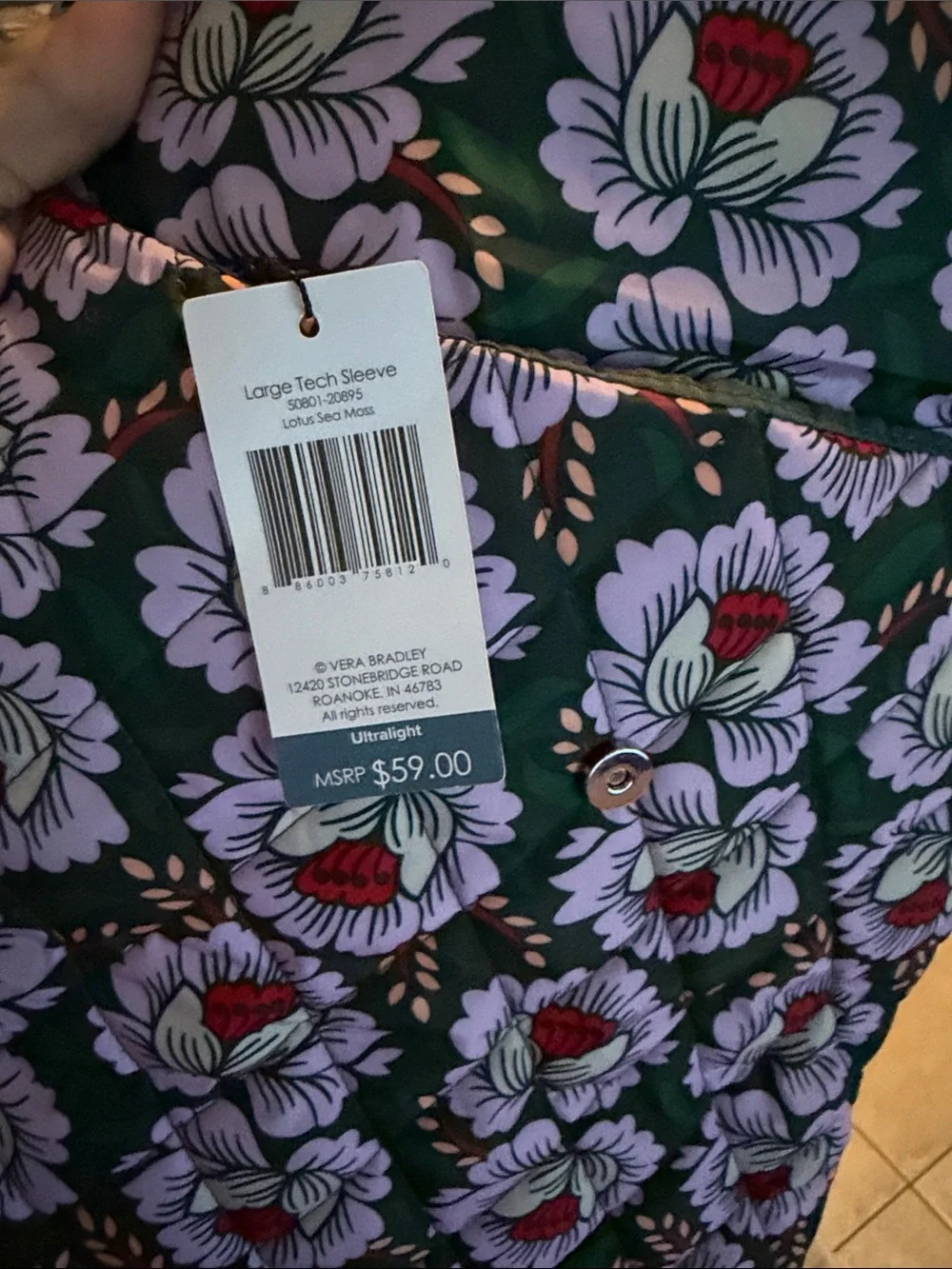 Vera Bradley Green Floral Quilted Laptop Sleeve with Pink & Red Accents
